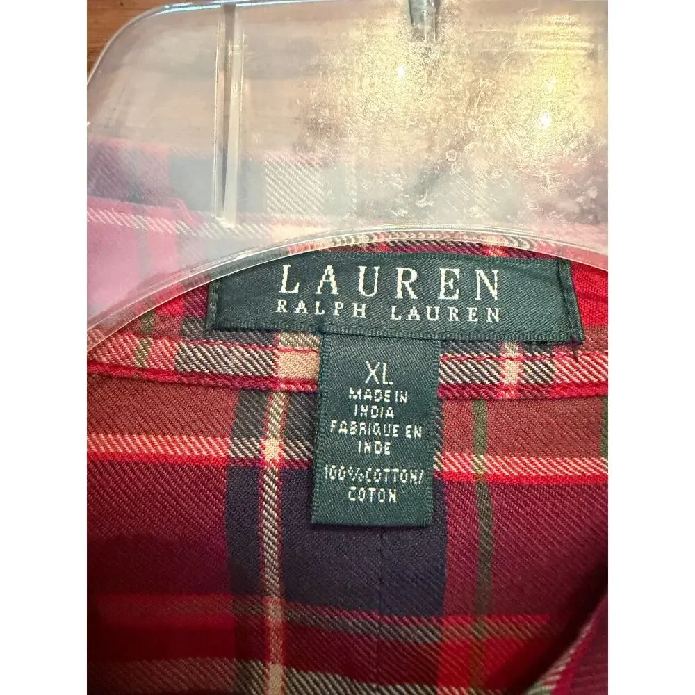Lauren Ralph Lauren Red Blue Plaid 100% Cotton Flannel Shirt Womens XL Roll Tab